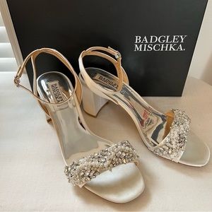 Badgley Mischka Clara Collection Embellished Sandal - Soft white satin - Size 8